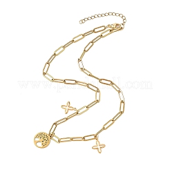304 Stainless Steel Tree of Life and Cross Pendant Paperclip Chain Necklaces for Women&nbsp;NJEW-JN05664