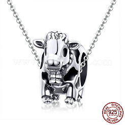 925スターリングシルバーヨーロピアンビーズ  エナメル  大穴ビーズ  牛  アンティークシルバー  10x6mm  穴：4.2~4.5mm&nbsp;STER-FF0009-09AS
