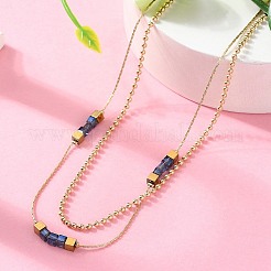 304ステンレススチールとキューブブルーガラスの二重層ネックレス（女性用）  イオンプレーティング（ip）  ゴールドカラー  16.02インチ（40.7cm）&nbsp;NJEW-A045-15G