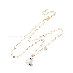 304ステンレススチール製エナメル加工のかわいい猫型フラワーペンダントネックレス（女性用）  ゴールドカラー  ホワイトスモーク  15.75インチ（40cm）  カタログ番号：16x17x9mm&nbsp;SA-CBA8F25-01A