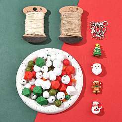 クリスマスDIYペンダントデコレーションキット  シリコーン焦点ビーズを含む  プリントウッドヨーロピアンビーズ  ジュートコード  合金製回転式ナスカンカニカン  ミックスカラー&nbsp;DIY-FS0010-39
