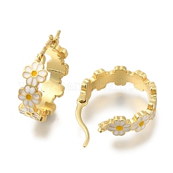 ラックメッキフラワー真鍮フープピアス  エナメル  長持ちメッキ  鉛フリー＆カドミウムフリー  18KGP本金メッキ  ホワイト  18x5mm&nbsp;X-EJEW-H016-41G-01