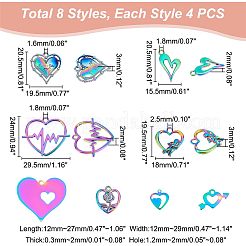 32個 8スタイル バレンタインデー イオンプレーティング(IP) 201 ステンレススチール&合金ペンダント  エッチングされた金属装飾  ハート  虹色  27x29x0.3mm  穴：2mm  4個/スタイル&nbsp;STAS-UN0039-03