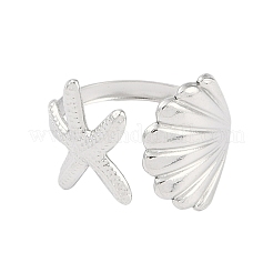 304 Stainless Steel Starfish & Shell Open Cuff Rings for Women&nbsp;LS-RJEW-C095-09P