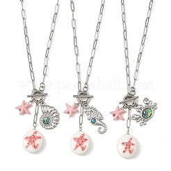 Handmade Porcelain Oval with Starfsih & 304 Stainless Steel Sea Animals Pendant Necklaces with OT Clasps&nbsp;NJEW-JN06563