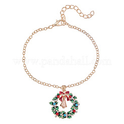 クリスマスリースとクリスマスベルの合金チャームブレスレット  女性用アズキチェーンブレスレット  ラインストーン付き  ゴールドカラー  130mm&nbsp;WG06691-01