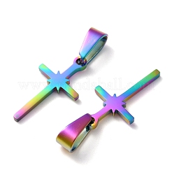 イオンプレーティング（IP）304ステンレスペンダント  ジュエリー作りのための  クロス  虹色  20x11x1.2mm  穴：3.5x7mm&nbsp;STAS-P253-13MC