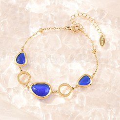 304ステンレススチールとガラス製のイミテーションキャッツアイリンクブレスレット  女性用アズキチェーンブレスレット  ティアドロップ＆フラットラウンド  イオンプレーティング（ip）  長持ちメッキ  ゴールドカラー  7.09インチ（18cm）&nbsp;BJEW-D460-11G