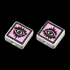印刷された手作りの磁器のビーズ  正方形  パールピンク  15~15.5x15~15.5x7.5~8mm  穴：2mm&nbsp;PORC-G016-04U