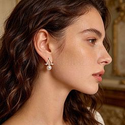 真鍮マイクロパヴェクリアキュービックジルコニアトライアングルスタッドピアス  女性用丸型プラスチックパールダングルイヤリング  ゴールドカラー  20mm&nbsp;WG9B78B-01