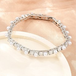 女性用真鍮パヴェクリアキュービックジルコニアテニスブレスレット  ABSの模造パールと  ラックめっき  長持ちメッキ  カドミウムフリー＆鉛フリー  ホワイト  プラチナ  7.13インチ（18.1cm）&nbsp;KK-CBA68DA-08P