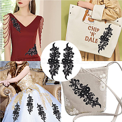 花のアップリケを縫い付ける  樹脂＆ラインストーン付き  ポリエステル刺繍アップリケ  ミシンクラフト装飾  ブラック  360x125x1.3~5.5mm&nbsp;PATC-WH0005-42A