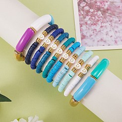 10個10スタイル手作りポリマークレイヘイシビーズストレッチブレスレットハート付き  女性のためのアクリル分厚いカーブチューブブレスレット  ブルー  内径：2-1/8インチ（5.5cm）&nbsp;BJEW-SW00036-03