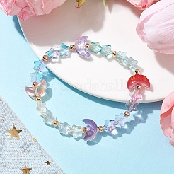 月と星のガラスビーズストレッチブレスレット  カラフル  内径：2-1/8インチ（5.5cm）&nbsp;BJEW-JB09956