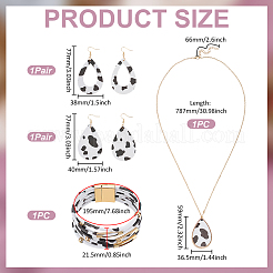 Leopard Teardrop PU Leather Pendant Necklaces & Bracelets & Dangle Earrings Sets&nbsp;SJEW-WH0007-07A