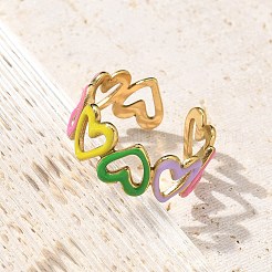 ハート 304 ステンレススチール エナメル オープン カフ リング 女性用  18KGP本金メッキ  カラフル  8mm  調整可能&nbsp;LS-RJEW-U034-01G-01