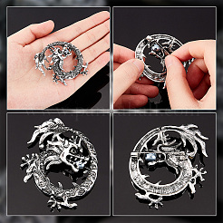 合金ドラゴンラップブローチピン金具2個  穴のある中華風バッジ  アンティークシルバー  59x49x10mm  穴：7.5x6mm&nbsp;JEWB-AR0001-12