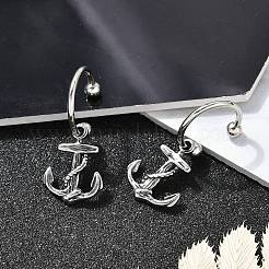 アンカー 316 サージカルステンレススチール ダングル ハーフフープ イヤリング 女性用  アンティークシルバー  11.5x26.5mm  内径：10.06mm  ピン：1.19mm（17ゲージ）&nbsp;EJEW-G416-43AS