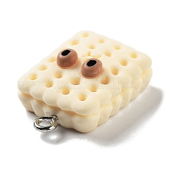 クッキーテーマの模造食品樹脂ペンダント  プラチナメッキの鉄製ループが付いた面白い目の長方形のチャーム  ベージュ  23.5x16.5x7mm  穴：2mm&nbsp;RESI-B021-02C-05