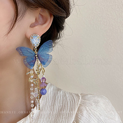 Butterfly Alloy Rhinestone Tassel Stud Earrings&nbsp;FS-WGD4B48-01