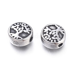 304ステンレススチールビーズ  命の木とフラットラウンド  アンティークシルバー  10x5.5mm  穴：1.8mm&nbsp;STAS-M274-077AS