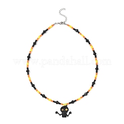 Halloween Black Alloy Enamel Pumpkin Skull Cat Shape Pendant Glass Seed Beaded Necklaces for Women&nbsp;NJEW-JN05579