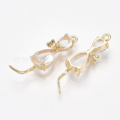 真鍮チャーム  ガラスと  猫  ニッケルフリー  18KGP本金メッキ  透明  25.5~28.5x7x4.5mm  穴：1.4mm&nbsp;X-KK-S350-398E