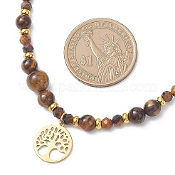 Tree of Life 304 Stainless Steel Pendant Natural Tiger Eye Round Beaded Necklaces&nbsp;NJEW-JN05712