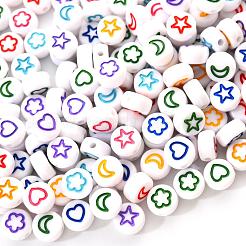 白い不透明なアクリルビーズ  ハート＆フラワー＆ムーン＆スターのフラットラウンド  士官候補生ブルー  7x4mm  穴：1.6mm  200個/セット&nbsp;MACR-YW0001-19B