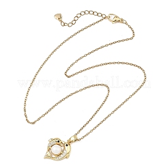 Ocean Brass Micro Pave Clear Cubic Zirconia and Natural Pearl Heart Dolphin Pendant 304 Stainless Steel Cable Chain Necklaces for Women&nbsp;NJEW-JN06262