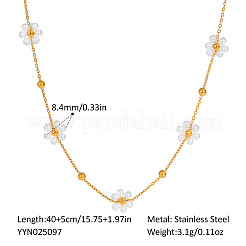 304ステンレススチール製イミテーションパールビーズ付きホワイトフラワーリンクチェーンネックレス（女性用）  18KGP本金メッキ  15.75インチ（40cm）&nbsp;JG5548-1