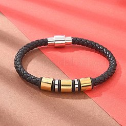 編み込みマイクロファイバーレザーコードブレスレット  女性用・男性用304ステンレススチールブレスレット  オーバル  ブラック  8-1/2インチ（21.5cm）&nbsp;BJEW-Q010-02A