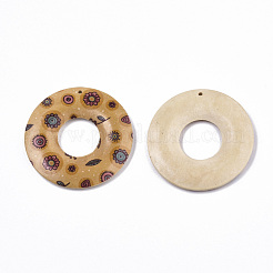 印刷された木製のペンダント  花柄のドーナツ  オレンジ  45x5mm  穴：1.6mm&nbsp;WOOD-S045-104E