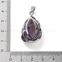 天然アメジストのティアドロップペンダント  合金の孔雀のチャーム  プラチナ  33x19x10mm  穴：3.5x9mm&nbsp;G-G112-03P-13