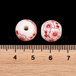 花柄プリントの磁器ビーズ  花柄のセラミックビーズ  ラウンド  レッド  12mm  穴：2mm&nbsp;PORC-Q202-12mm-1