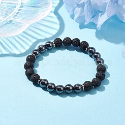 8mm Round Synthetic Non-Magnetic Hematite & Natural Lava Rock Beaded Stretch Bracelets for Women Men&nbsp;BJEW-JB10533-04