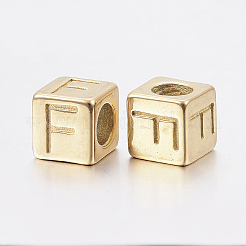 304 ステンレススチール 大きな穴文字 ヨーロッパ ビーズ  水平穴  文字.f付きのキューブ  ゴールドカラー  8x8x8mm  穴：5mm&nbsp;X-STAS-H428-01G-F