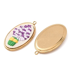 304ステンレススチールと布刺繍のペンダント  ヒヤシンスの鉢植えチャームが付いた楕円形  イオンプレーティング（ip）  長持ちメッキ  18KGP本金メッキ  パープル  33x19.5x3mm  穴：1.9mm&nbsp;FB-CBAFBAF-03G