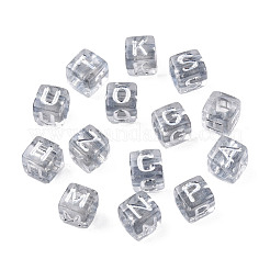 透明めっきアクリルビーズ  水平穴  ライン入り  アルファベットスタイル  ランダムな文字 a`z の立方体  銀  6x6x6mm  穴：3.5mm  約2900~3000個/500g&nbsp;TACR-N010-003B