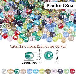 720個12色電気メッキガラスビーズ  ABカラーメッキ  多面カット  ロンデル  ミックスカラー  6x5mm  穴：1mm  60個/カラー&nbsp;EGLA-PA0001-48