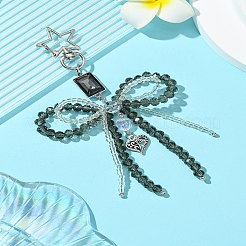 合金ガラスチップペンダント装飾  透明アクリル＆ガラスシードビーズ蝶結びペンダント装飾  亜鉛合金製回転式ロブスタースター留め金付き  ブラック  13.5cm&nbsp;HJEW-FZ00038