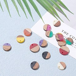 8色レジン＆ウォールナットウッドチャーム  フラットラウンド  ミックスカラー  15~15.5x3~4mm  穴：1.8mm  2個/カラー  16個/セット&nbsp;RESI-X0001-30A