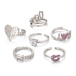 6Pcs 6 Style Brass Micro Pave Cubic Zirconia Solitaire Rings&nbsp;RJEW-LS0001-13P