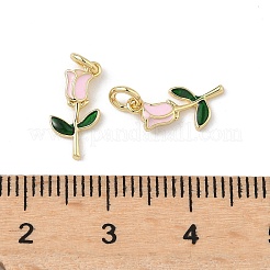 真鍮製エナメルチャーム  花  ラックめっき  長持ちメッキ  鉛フリー＆カドミウムフリー  丸カン付き  18KGP本金メッキ  ピンク  13x6.5x1.5mm  穴：2mm&nbsp;KK-Q039-10B-G