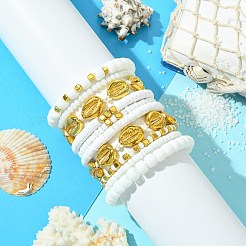 10個 10スタイル 手作りポリマー粘土&ガラスシードビーズストレッチブレスレットセット  夏のビーチシェル型 CCB プラスチック編みビーズブレスレット 女性用  ホワイト  内径：2-1/8インチ（5.3cm）  1個/スタイル&nbsp;BJEW-SW001581
