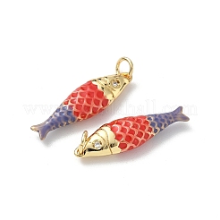 真鍮製エナメルペンダント  魚  キュービックジルコニアチャーム付き  ラックめっき  カドミウムフリー＆鉛フリー  長持ちメッキ  丸カン付き  18KGP本金メッキ  レッド  25.5x7.5x4.5mm  穴：3.5mm&nbsp;KK-B155-03A-01G