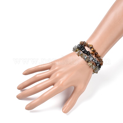 Chips Natural Labradorite & Snowflake Obsidian & Tiger Eye Beaded Stretch Bracelets Sets&nbsp;BJEW-JB05332-05-1