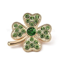 Alloy Glass Rhinestone Clover Brooches, Pin Jewelry, Light Gold, 24x26x8mm