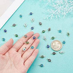 30個 5色 ハンドメイド イーブルアイ ランプワーク リンク コネクター  304ステンレススチール製金具付き  フラットラウンド  ミックスカラー  12.5x7x2.5mm  穴：1.5mm  6個/カラー&nbsp;STAS-UN0030-88