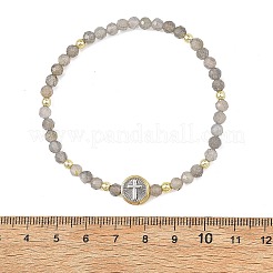 Religion Natural Labradorite Beaded Stretch Bracelets with Brass Flat Round with Cross Beads&nbsp;BJEW-JB14360-01